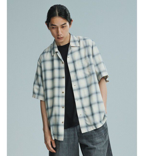 ADAM ET ROPE'「レーヨン オンブレチェック ハーフスリーブ オープンカラーシャツ」|シャツ・ブラウス|