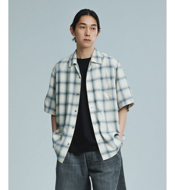 ADAM ET ROPE'「レーヨン オンブレチェック ハーフスリーブ オープンカラーシャツ」|シャツ・ブラウス|オフホワイト(15)