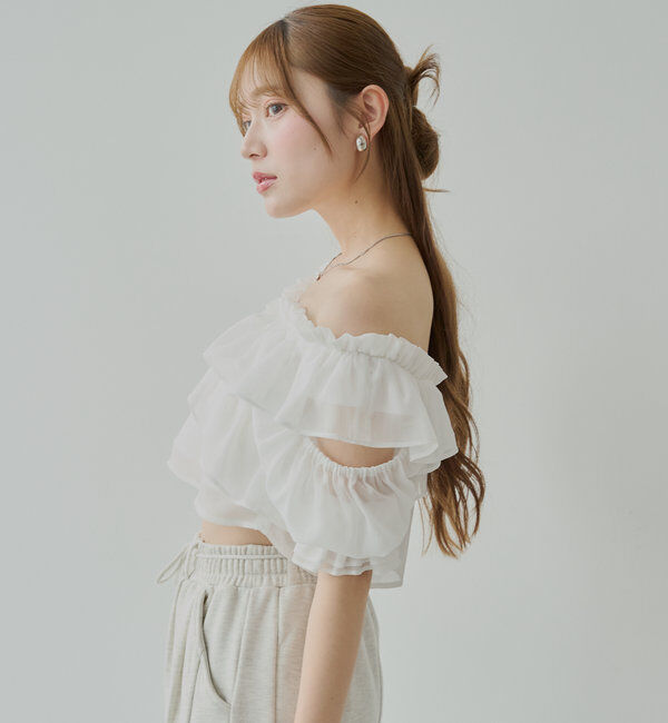  「【5色展開】シアーフラワーショルダースリットフリルブラウス」|シャツ・ブラウス|