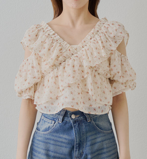  「【5色展開】シアーフラワーショルダースリットフリルブラウス」|シャツ・ブラウス|