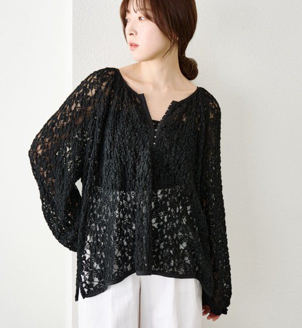  「サイドスリットレースブラウス」|シャツ・ブラウス|ブラック
