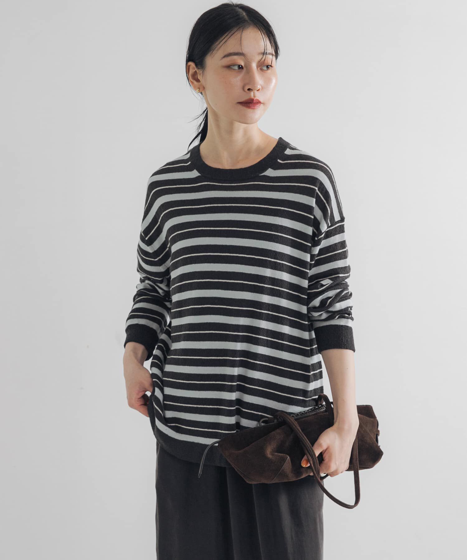 URBAN RESEARCH「マルチボーダークルーネックニット」|ニット・セーター|チャコールグレー