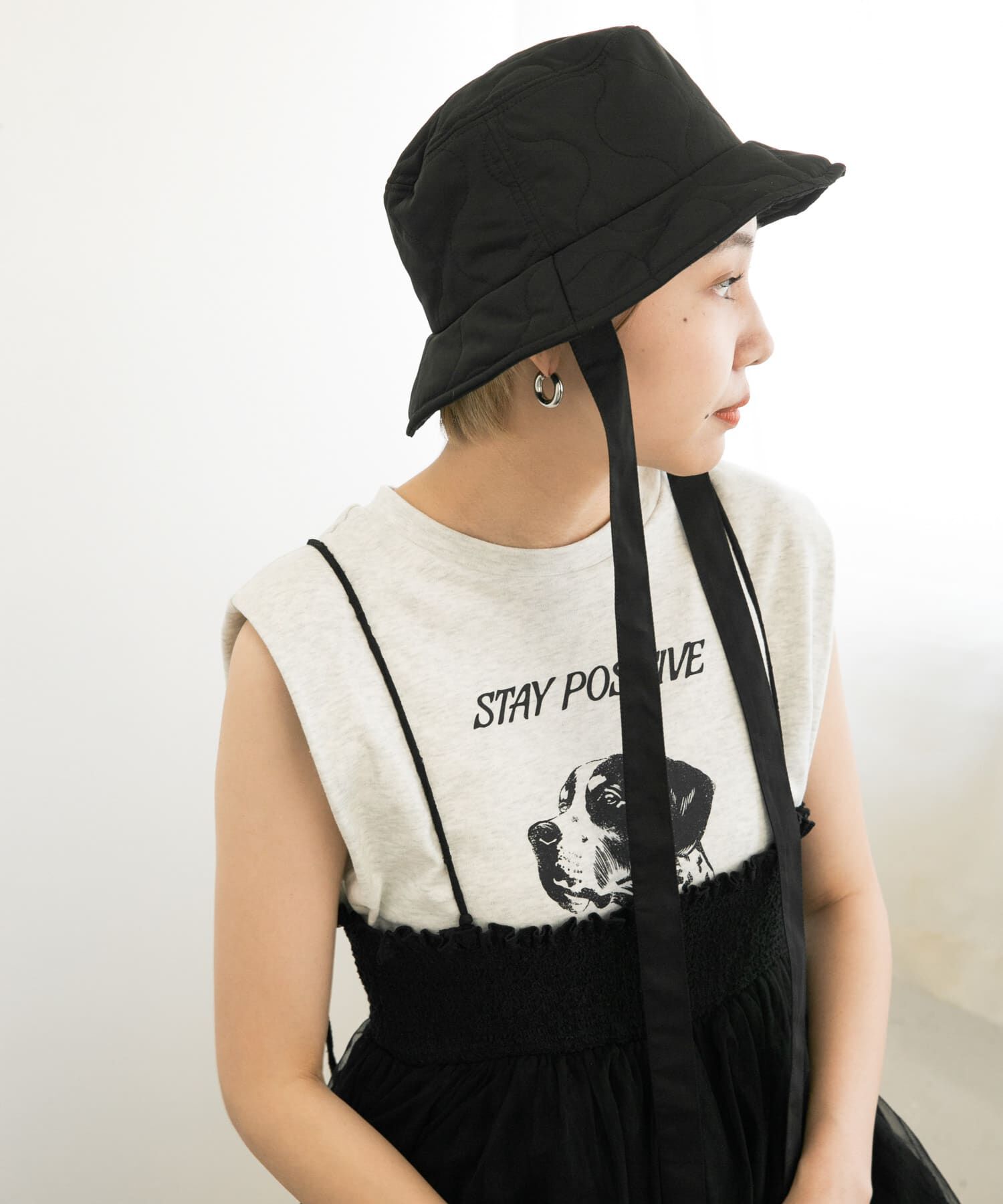  「リボン付きキルティングバケットHAT」|ハット|