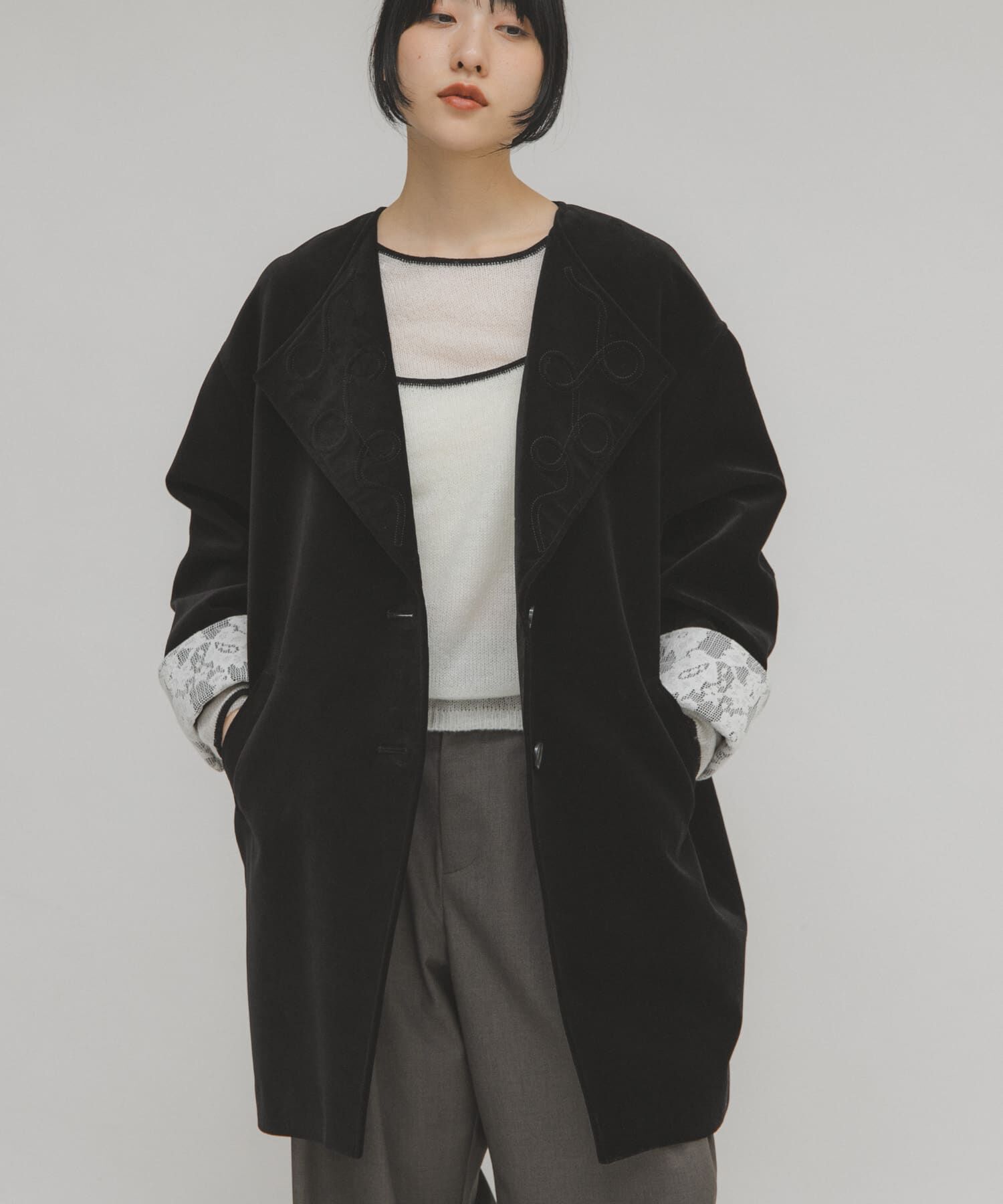  「ベロアBIGジャケット」|ノーカラーコート|