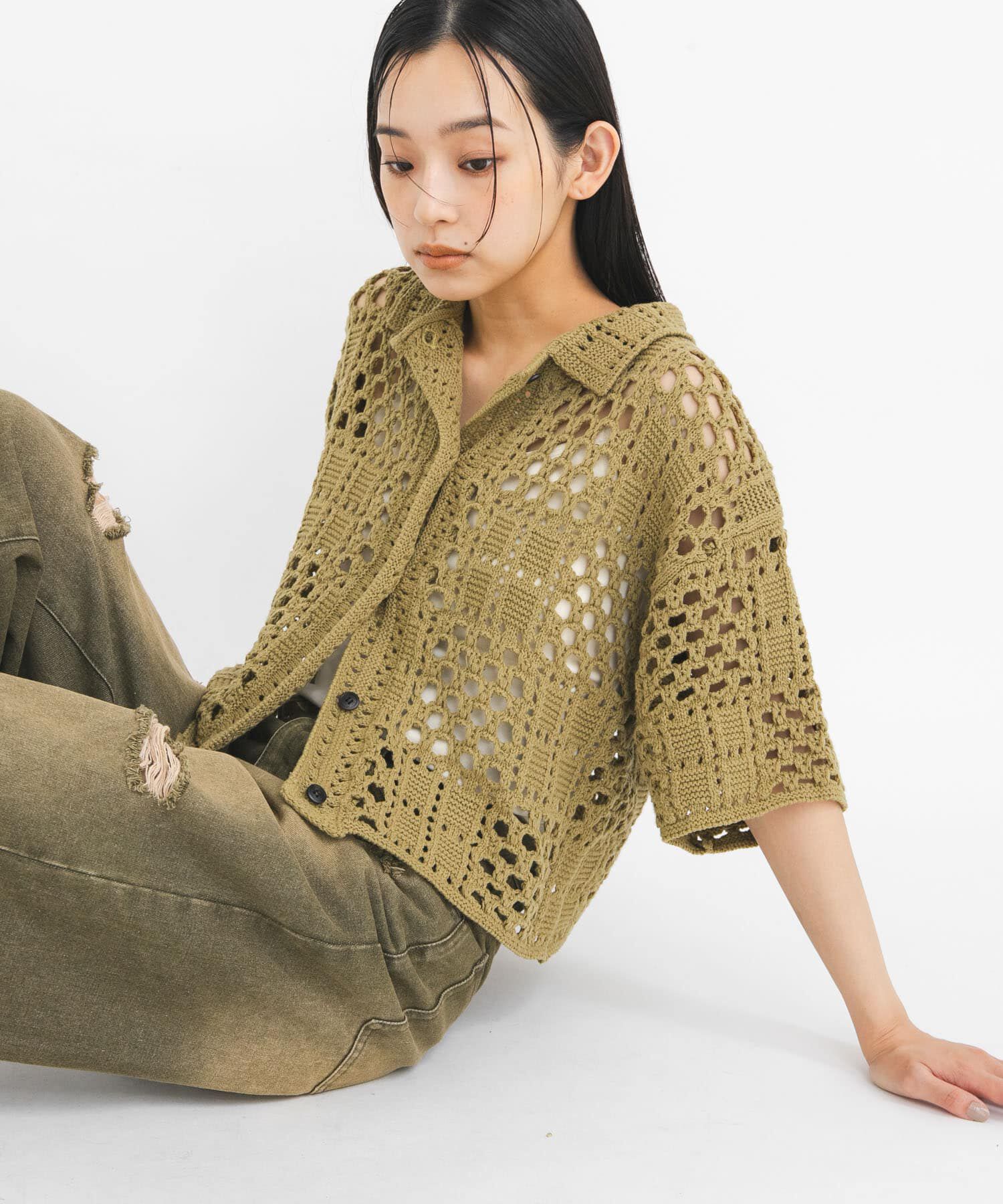  「クロシェニットシャツ」|ニット・セーター|カーキ