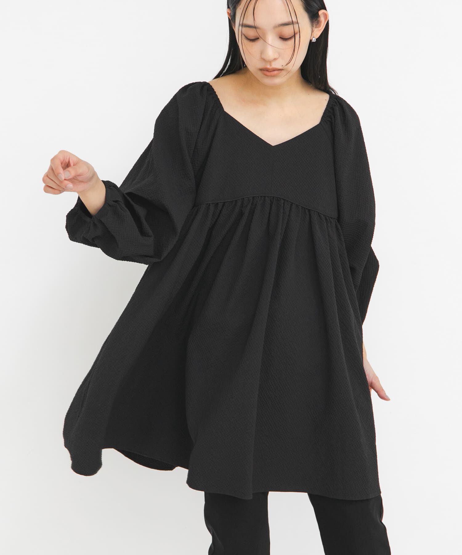  「タックスリーブミニワンピース」|その他|ブラック