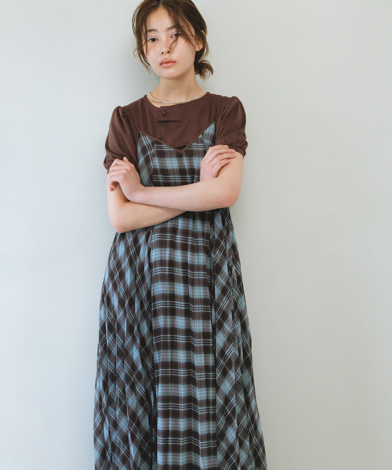  「チェックプリーツキャミワンピース」|その他|ブラウン系その他