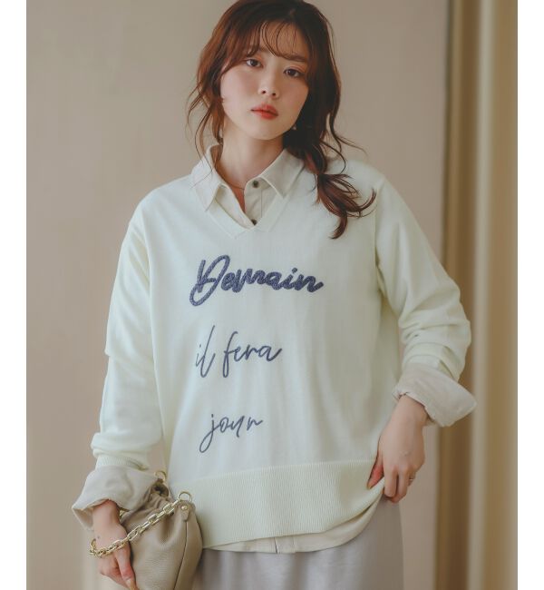  「フレーズロゴ刺繍Vネックニット」|ニット・セーター|