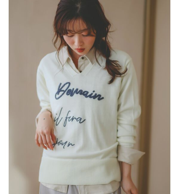  「フレーズロゴ刺繍Vネックニット」|ニット・セーター|