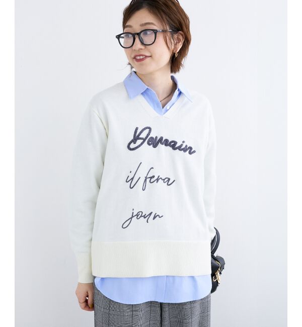  「フレーズロゴ刺繍Vネックニット」|ニット・セーター|