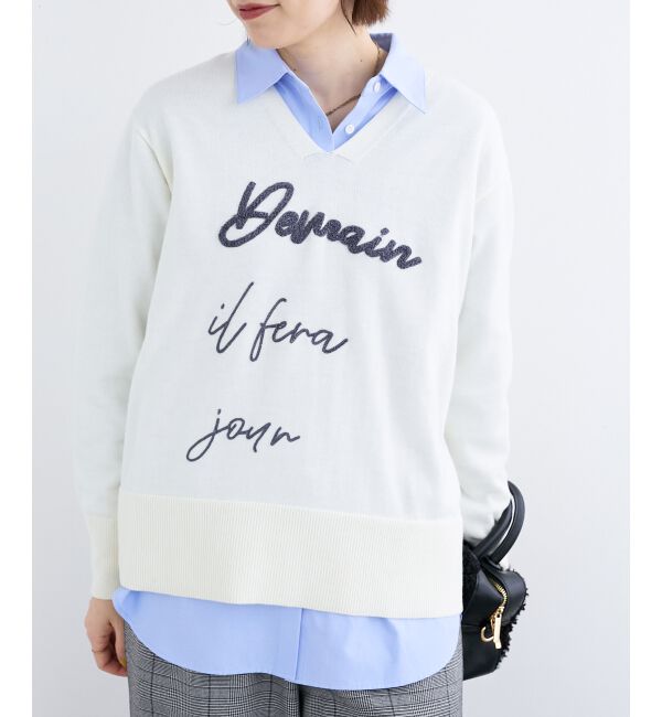  「フレーズロゴ刺繍Vネックニット」|ニット・セーター|