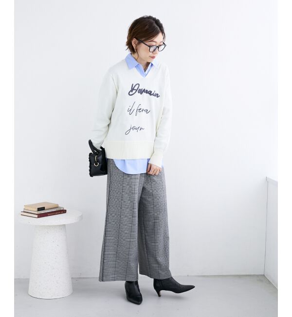  「フレーズロゴ刺繍Vネックニット」|ニット・セーター|
