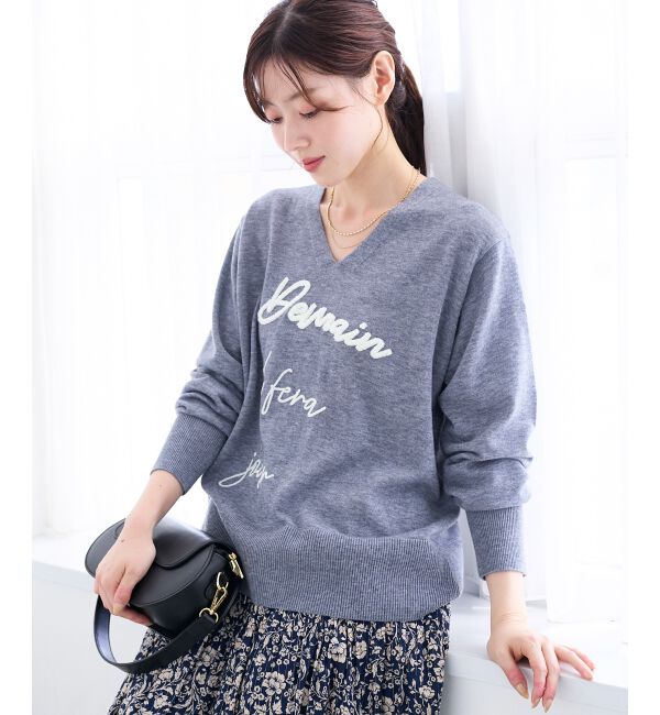  「フレーズロゴ刺繍Vネックニット」|ニット・セーター|グレー