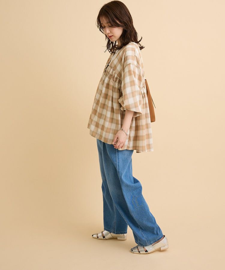 Green Parks「【しゃれシャツ】イージーケアVネックチェックブラウス」|シャツ・ブラウス|