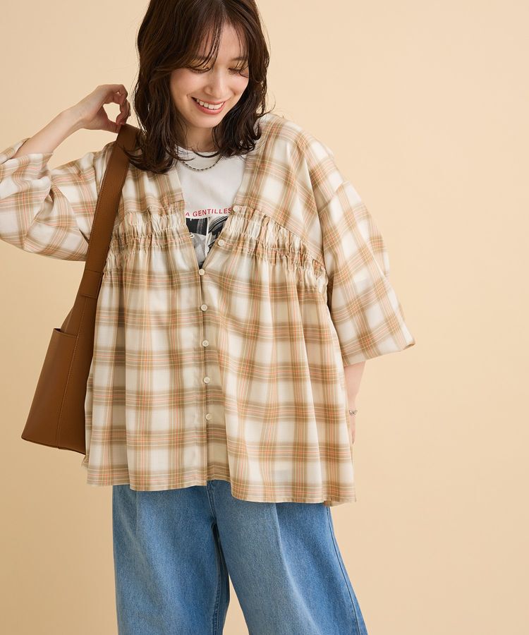 Green Parks「【しゃれシャツ】イージーケアVネックチェックブラウス」|シャツ・ブラウス|