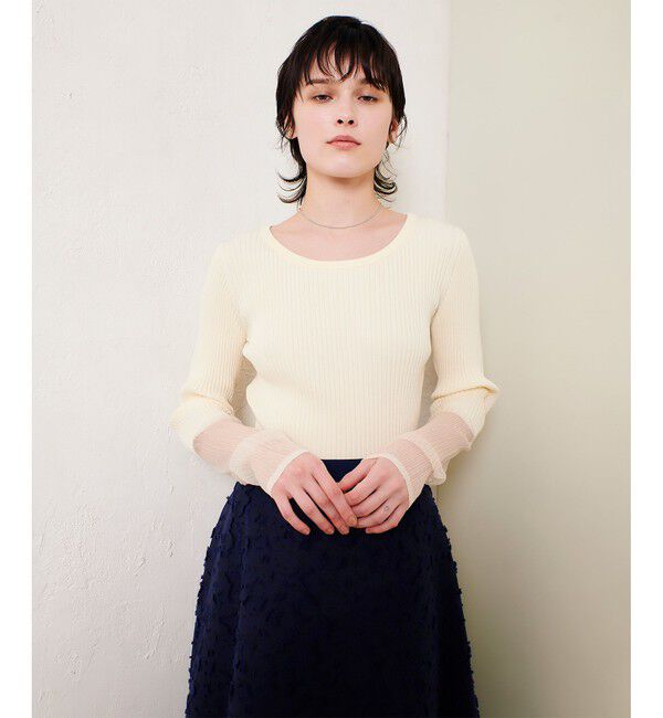 allureville「シアーカフスラウンドネックプルオーバー」|ニット・セーター|アイボリー