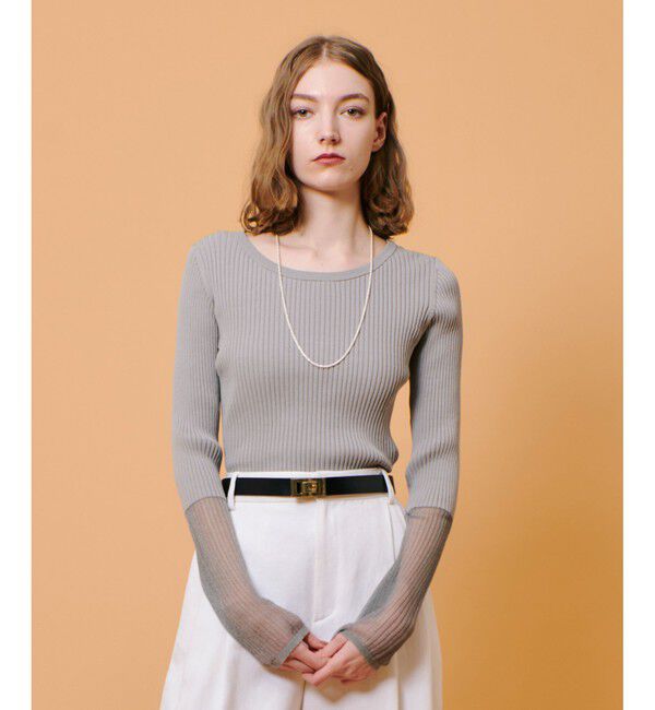 allureville「シアーカフスラウンドネックプルオーバー」|ニット・セーター|ライトグレー