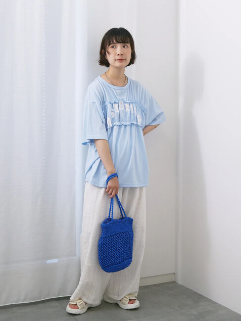 Samansa Mos2 blue「◎【接触冷感】シャーリングドッキングTシャツ」|Tシャツ・カットソー|