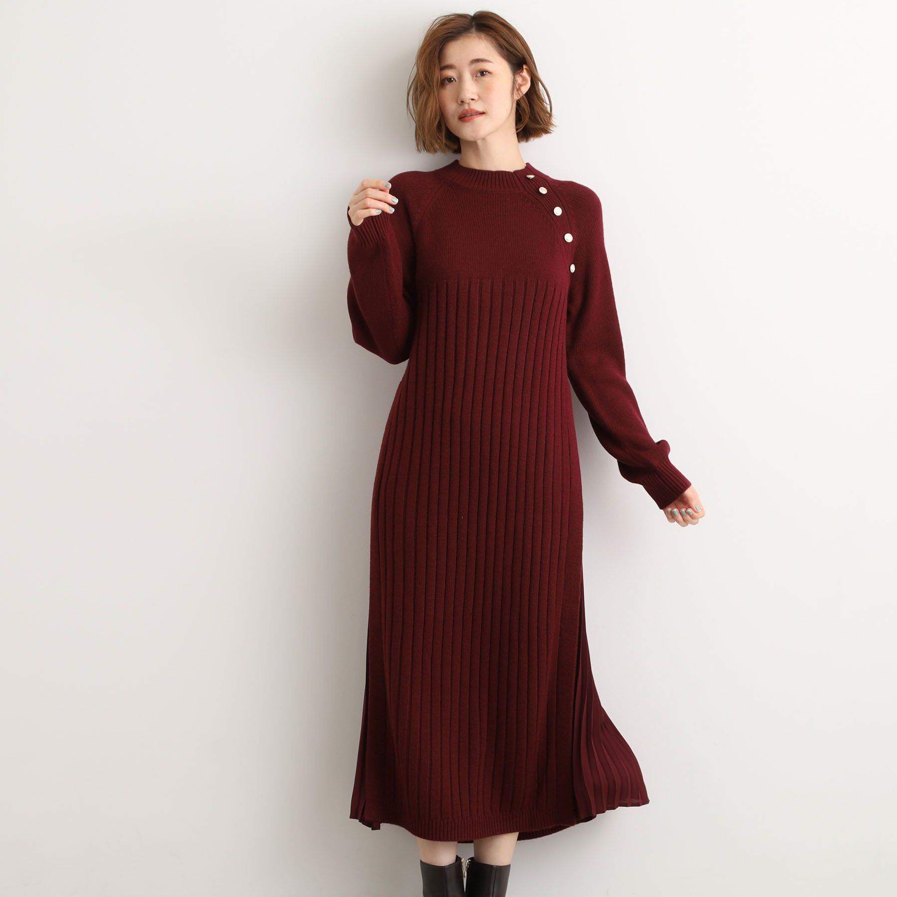 grove「【選べる着丈】配色サイドプリーツニットワンピース」|ワンピース|ボルドー(564)