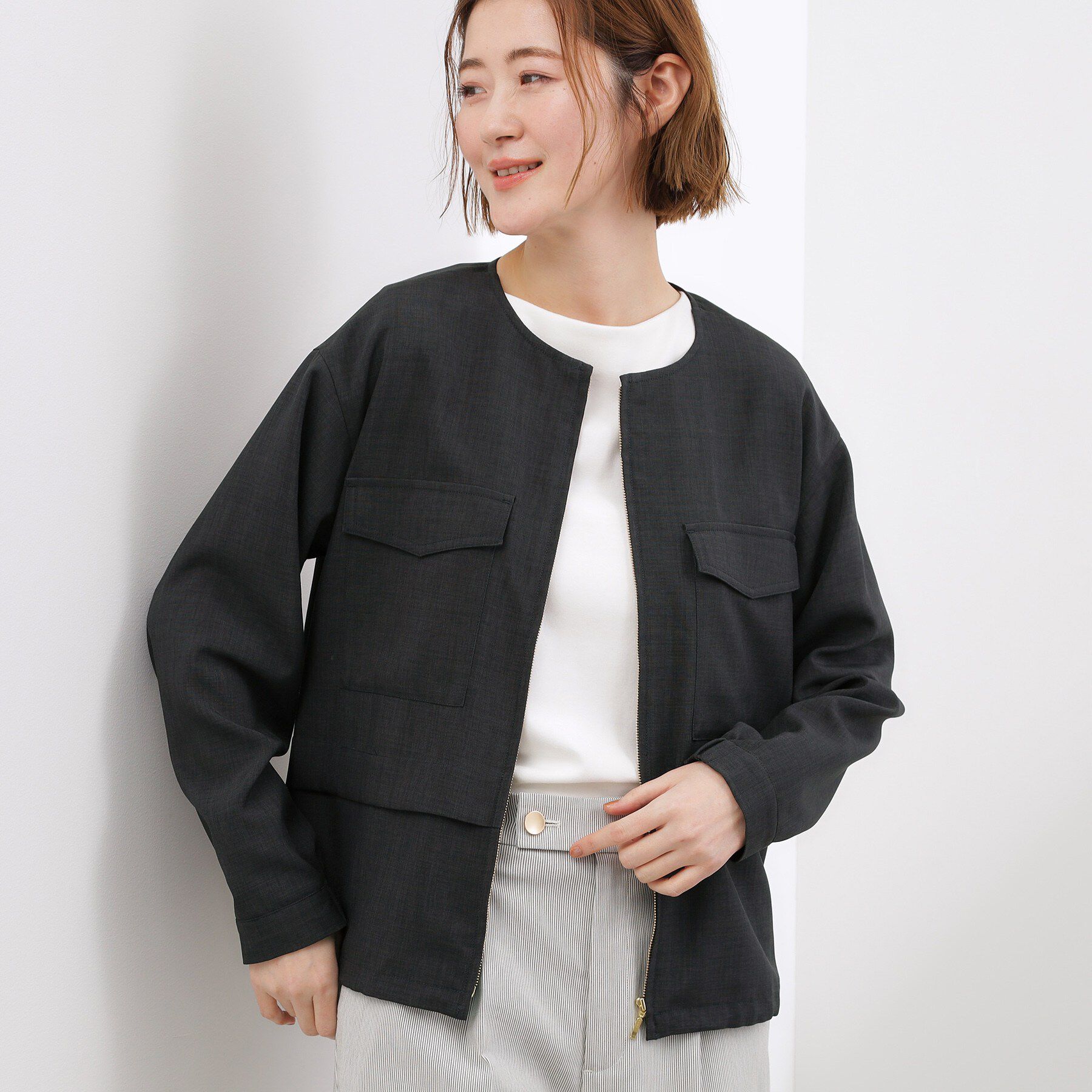 grove「【貴島明日香さん着用・洗える】麻調ノーカラーブルゾン」|ブルゾン・スタジャン|スミクロ(018)