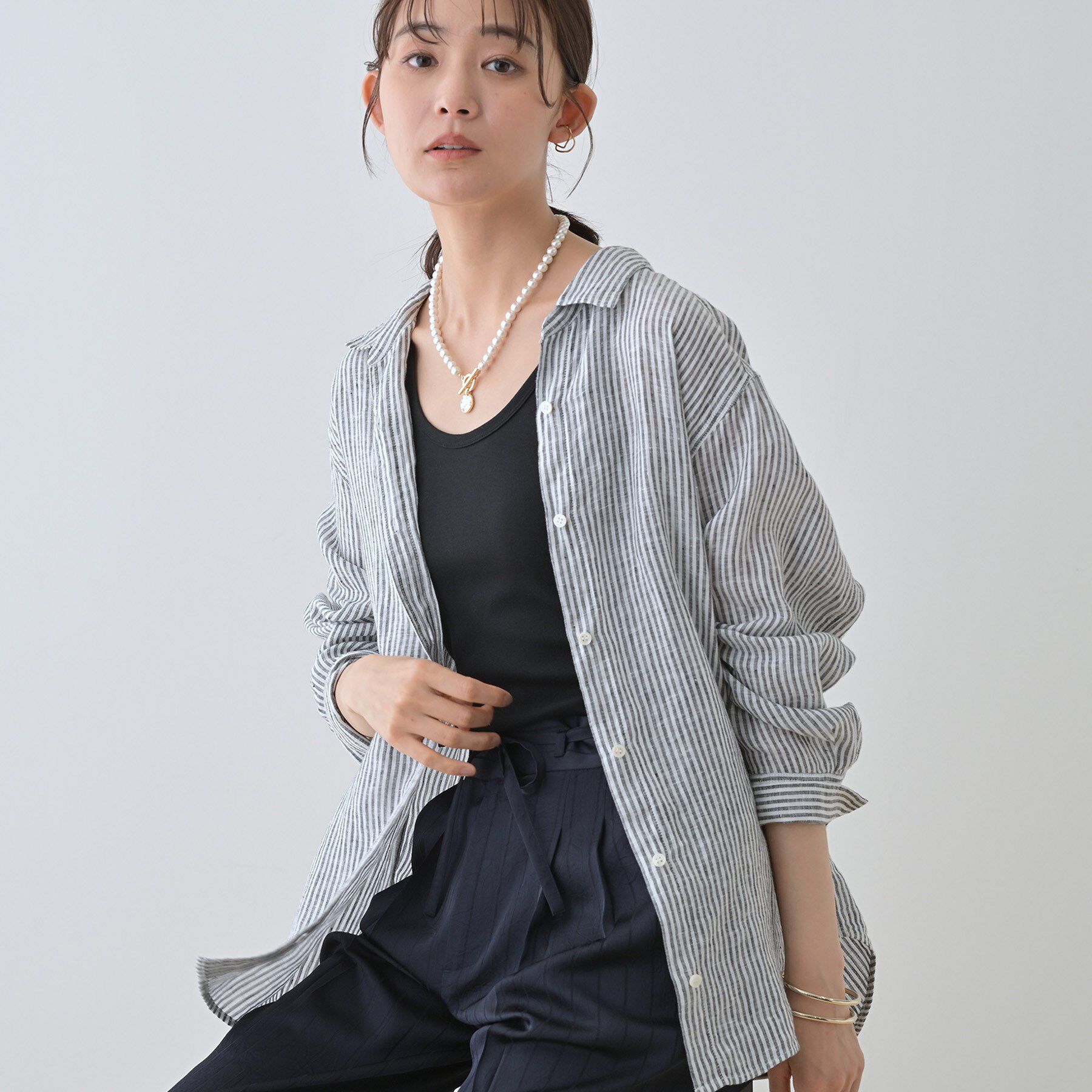 INDIVI「【毎年人気！／フレンチリネン】ベーシックシャツ」|シャツ・ブラウス|ブラック(319)