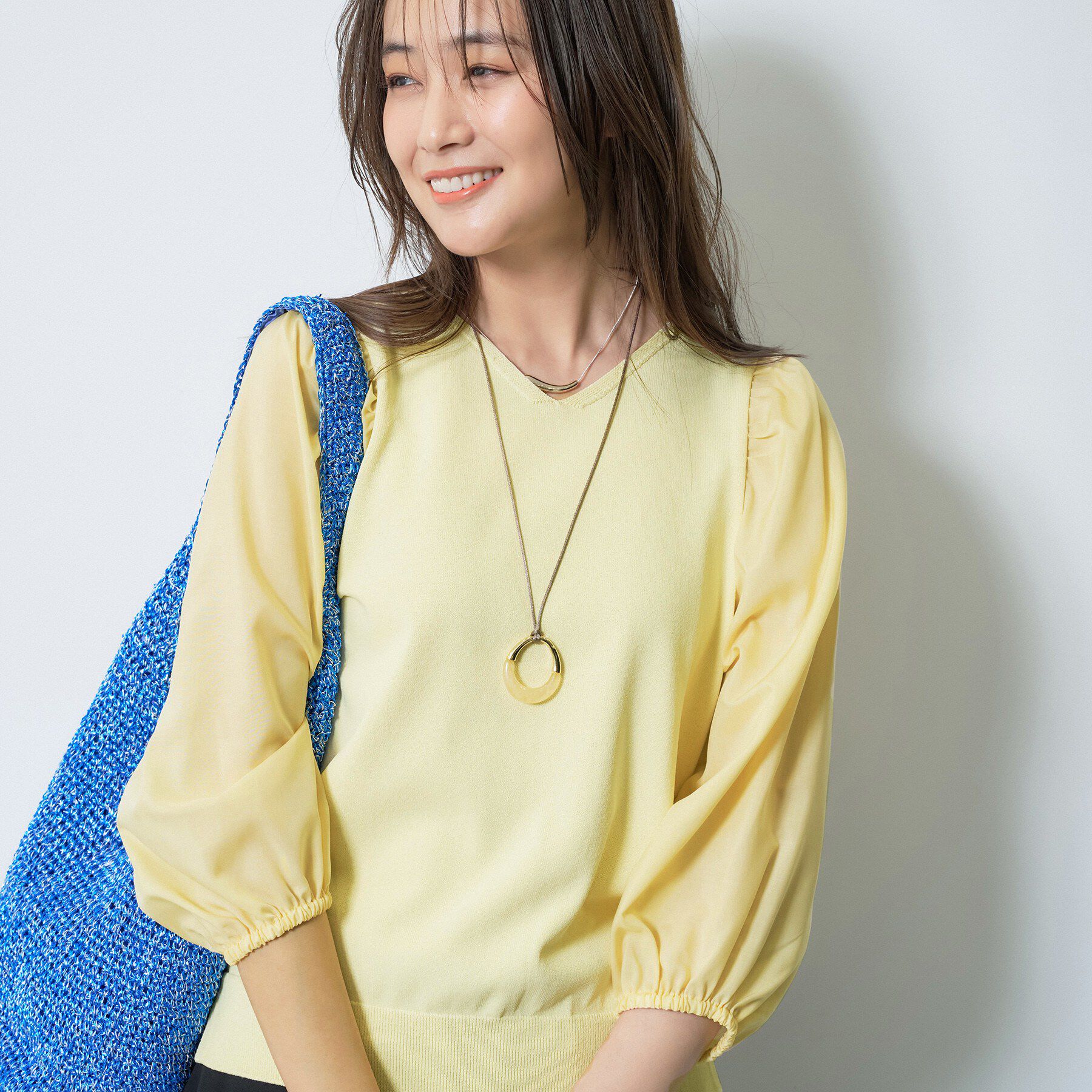 INDIVI「【洗える／袖丈調整可能】シャツコンビニット」|ニット・セーター|ライトイエロー(03