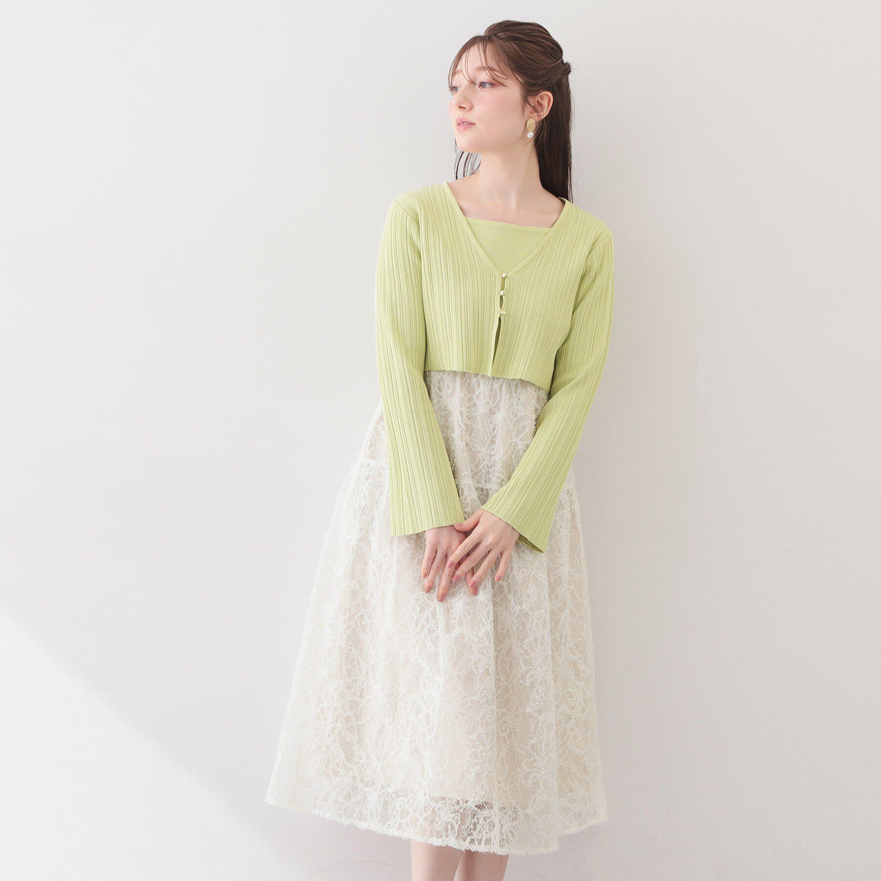 index「《ツインセット》カーディガン&times;ニットドッキングワンピース【洗濯機OK】」|スーツ|ライトグリーン(02