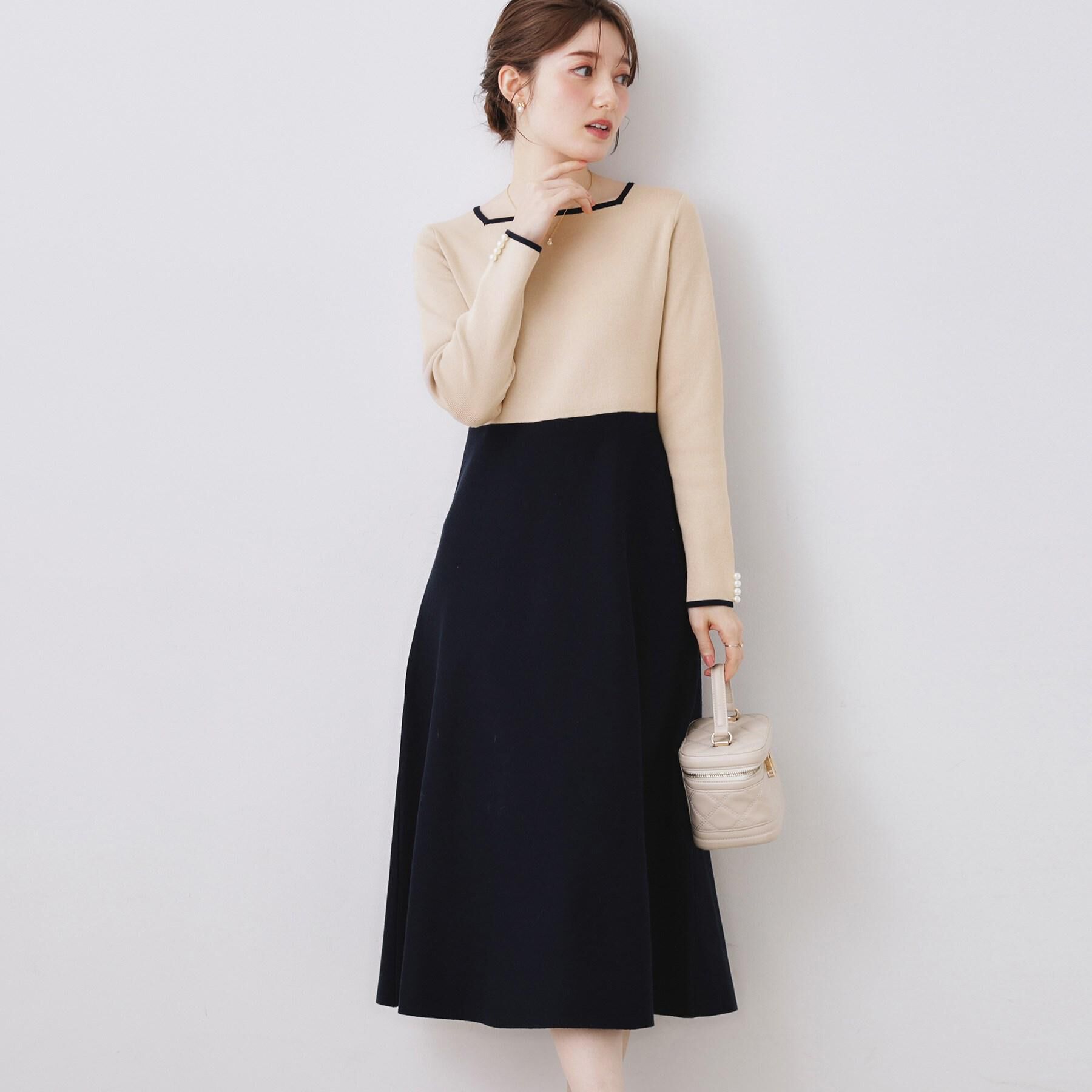 Couture broach「【ハレの日・通勤】スクエアネック バイカラー ニットワンピース」|ワンピース|