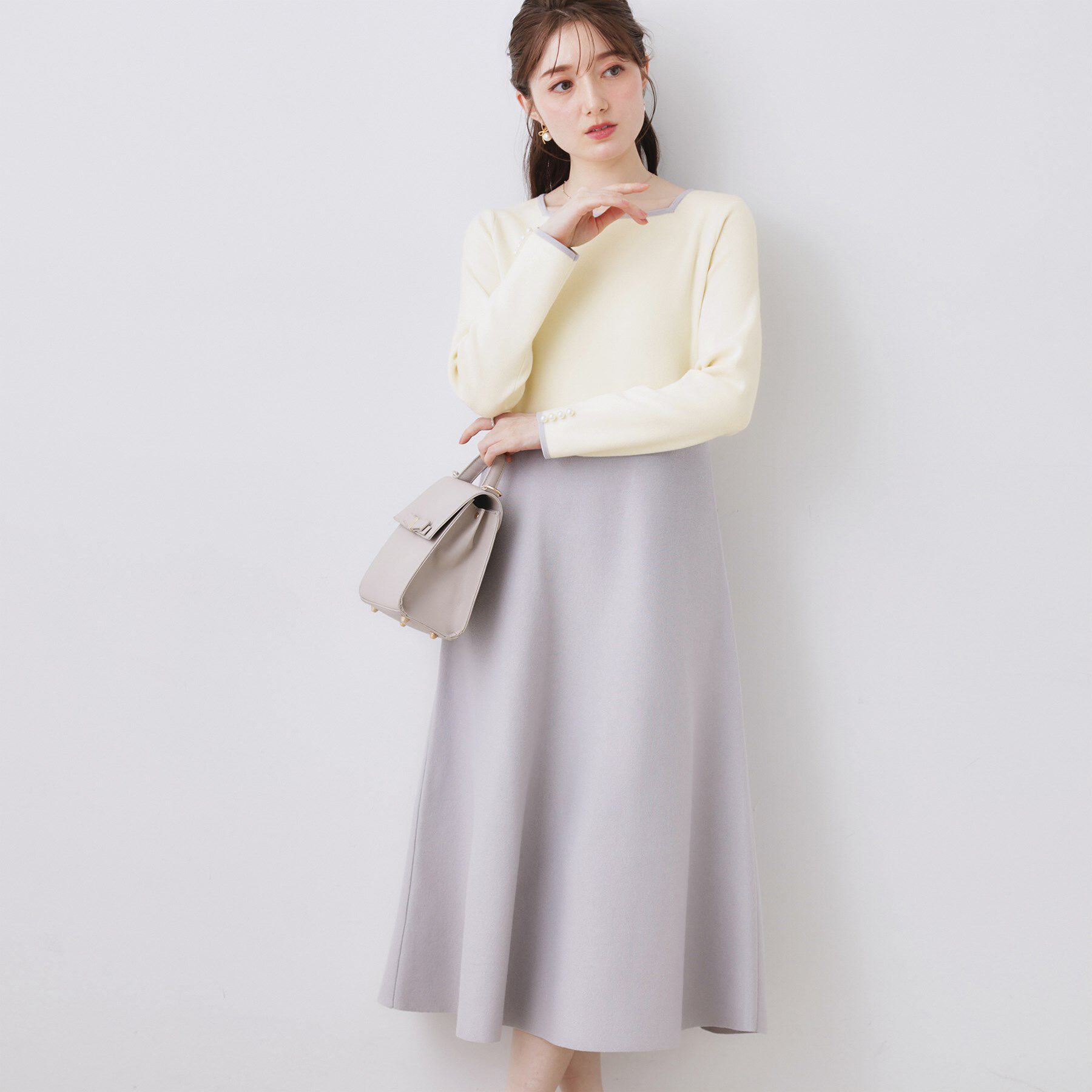 Couture broach「【ハレの日・通勤】スクエアネック バイカラー ニットワンピース」|ワンピース|