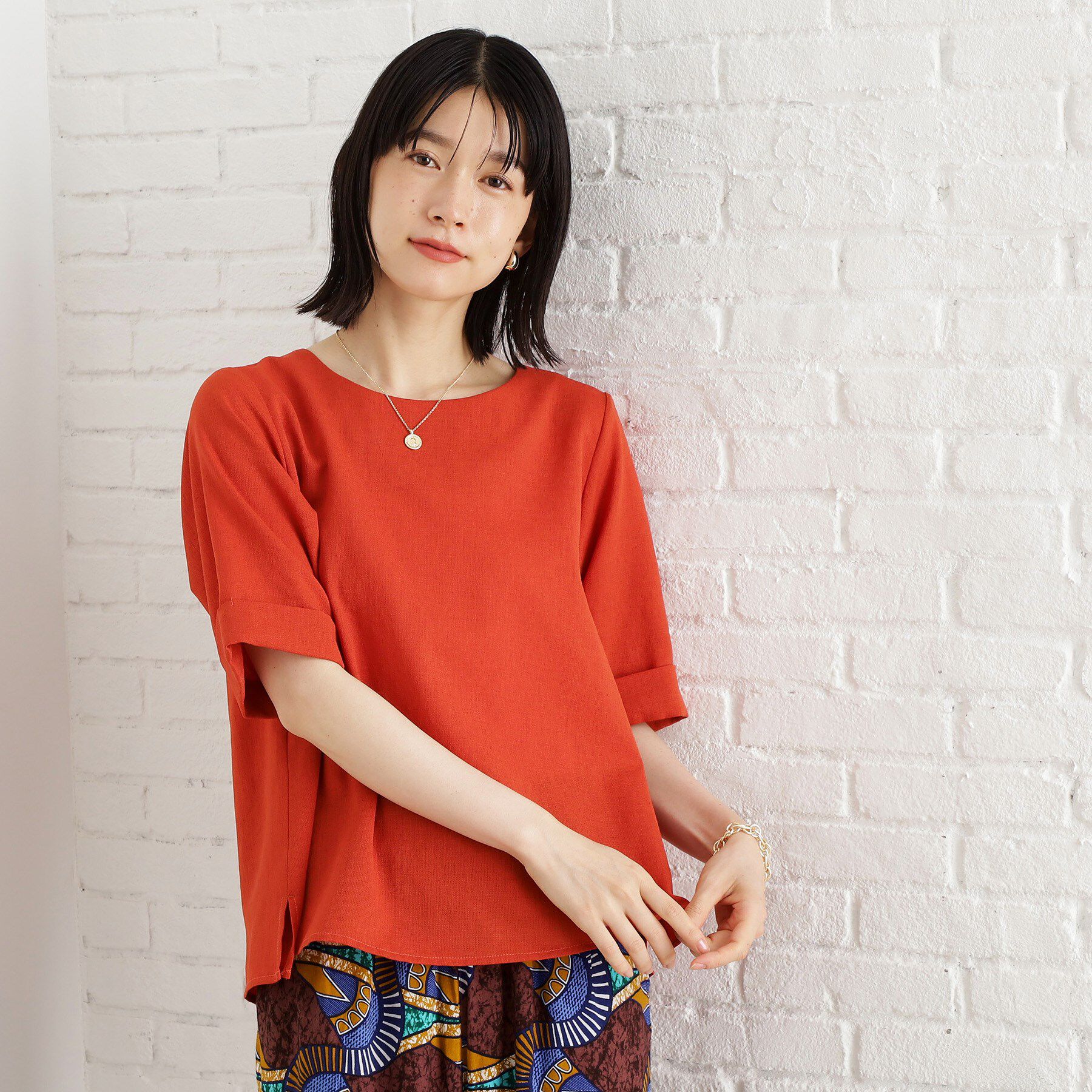 THE SHOP TK「【秋色入荷】麻調メッシュブラウス【二の腕カバー/洗える】」|シャツ・ブラウス|オレンジ(067)