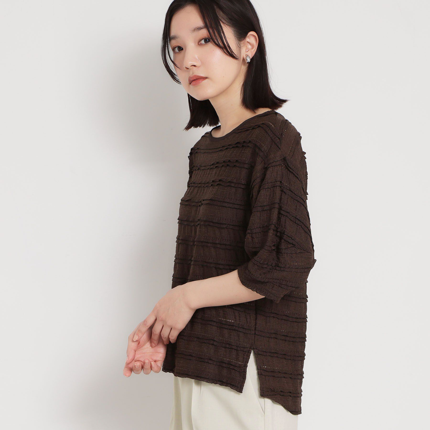 THE SHOP TK「フリルレースボーダートップス」|Tシャツ・カットソー|