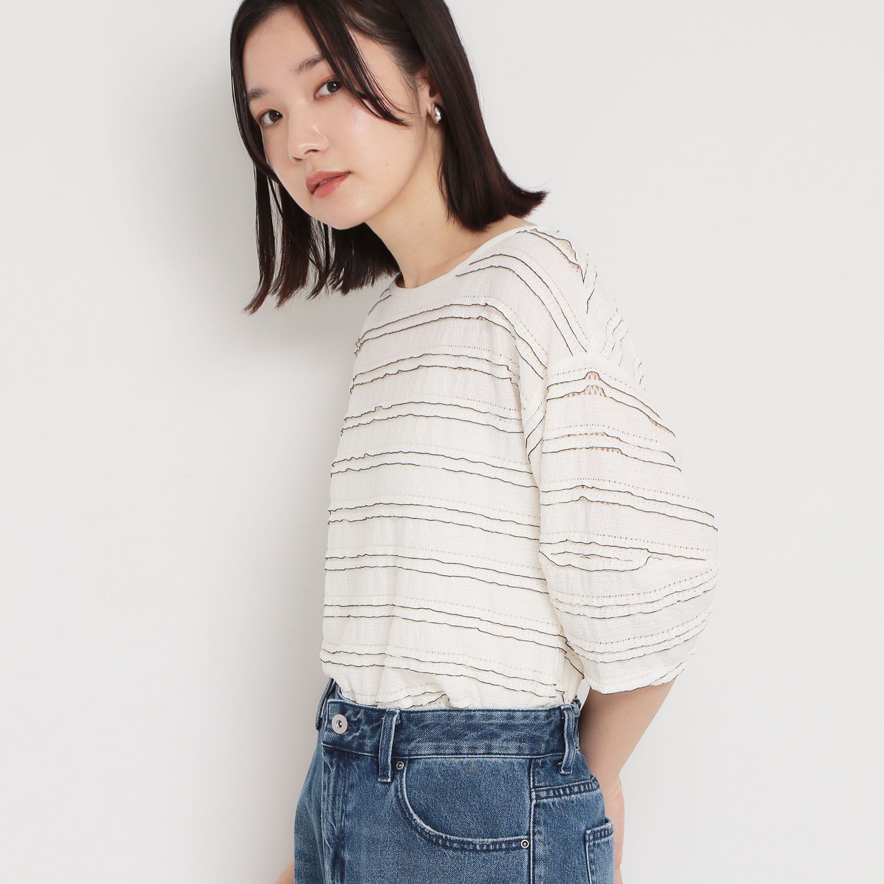 THE SHOP TK「フリルレースボーダートップス」|Tシャツ・カットソー|