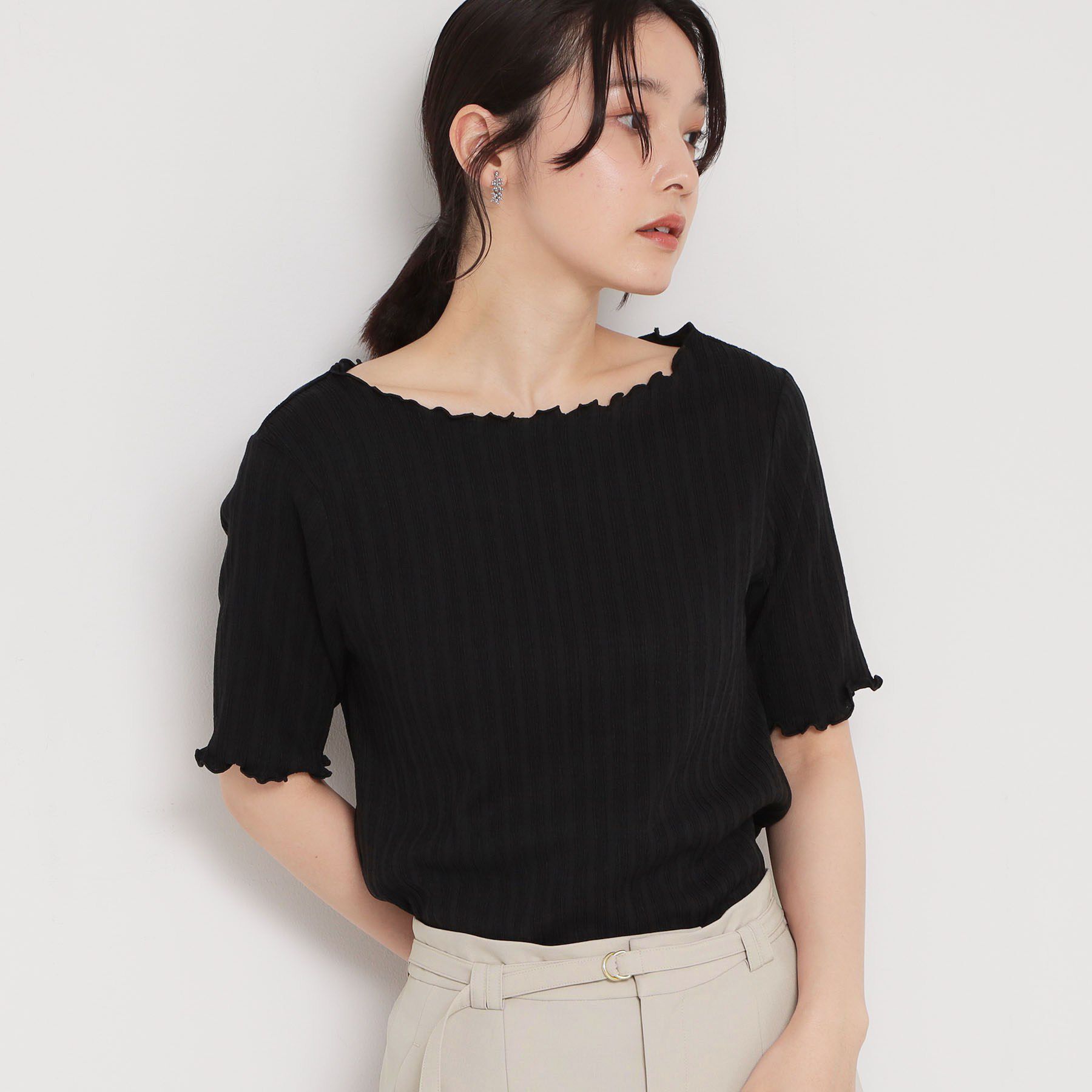 THE SHOP TK「楊柳チェック5分袖カットソー」|Tシャツ・カットソー|ブラック(019)