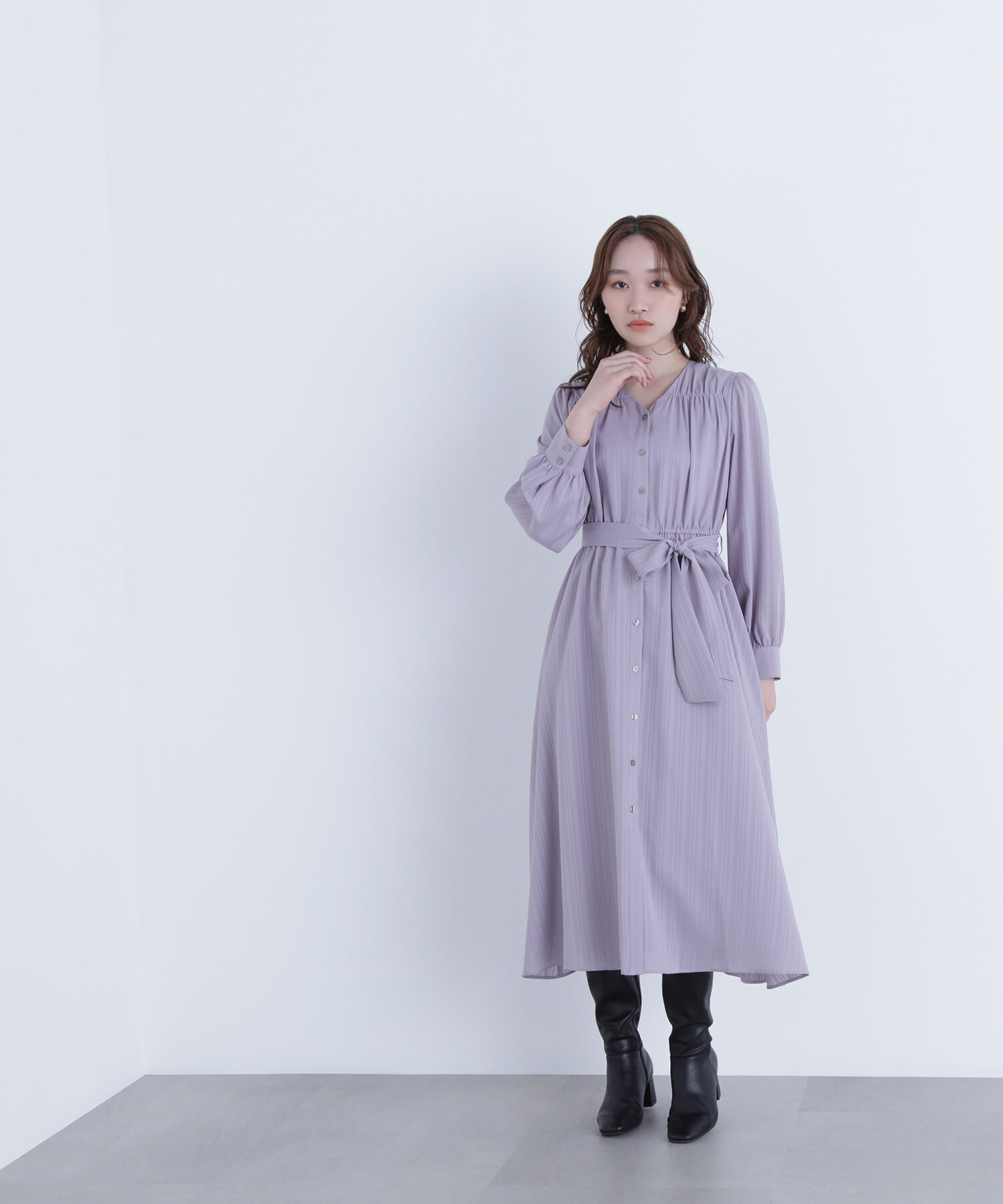  「ベルテッドシャドーストライプワンピース」|ワンピース|ラベンダーグ