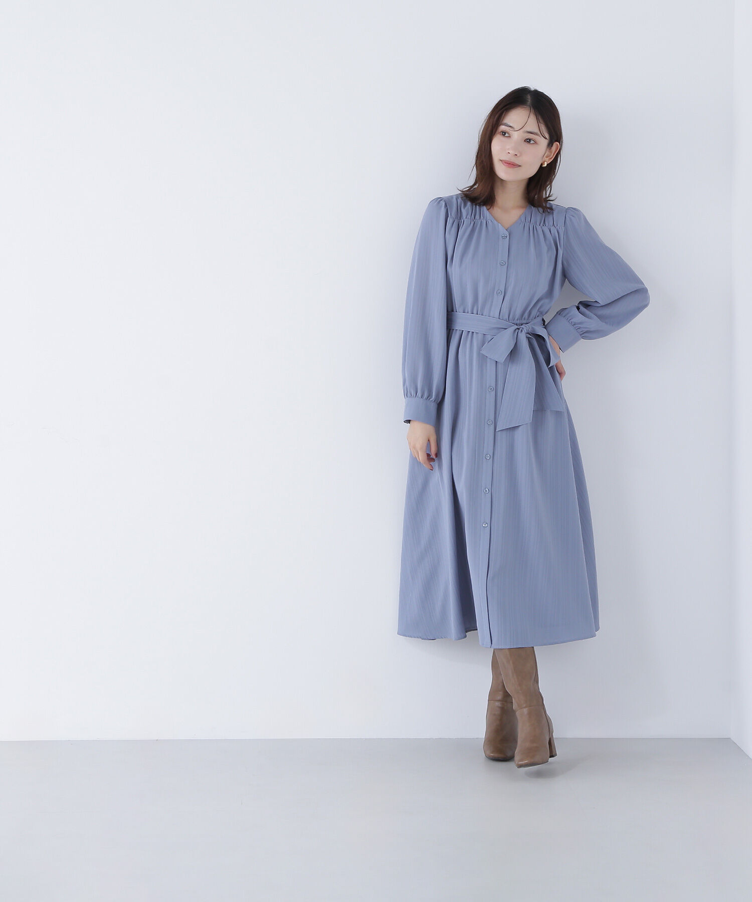  「ベルテッドシャドーストライプワンピース」|ワンピース|