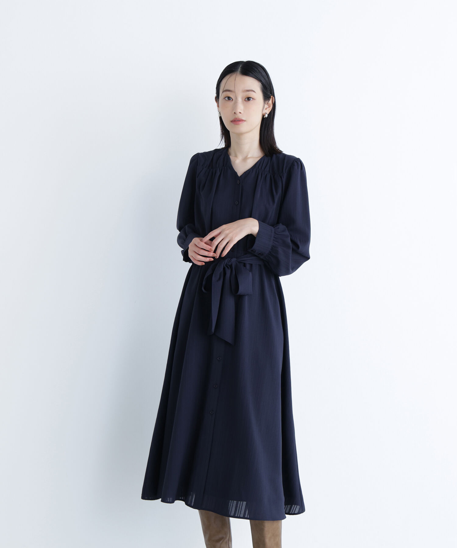  「ベルテッドシャドーストライプワンピース」|ワンピース|