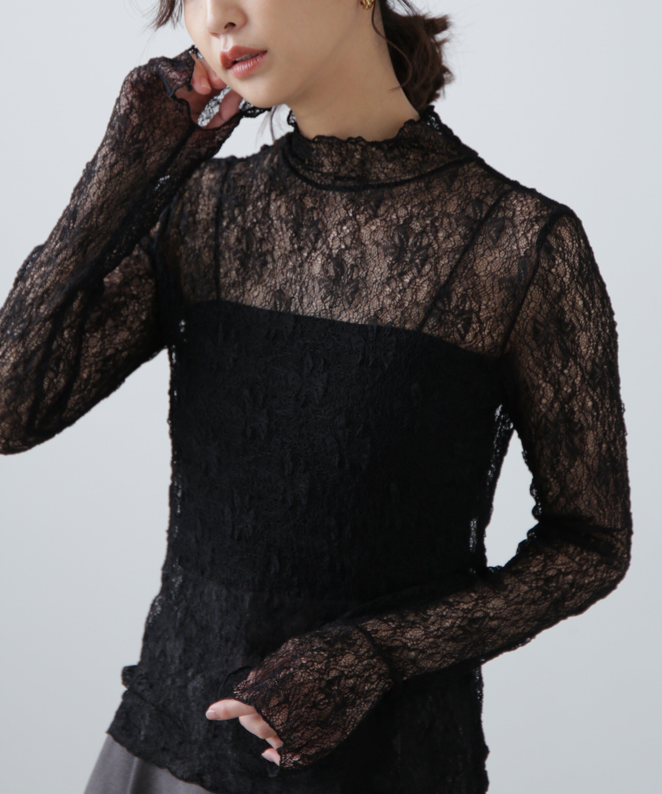  「レースハイネックカットソー」|Tシャツ・カットソー|ブラック