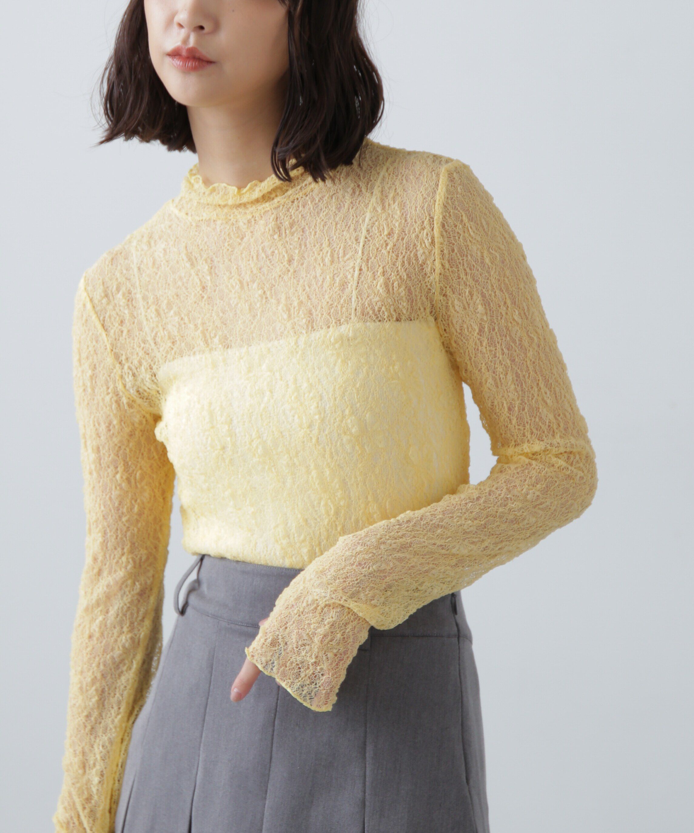  「レースハイネックカットソー」|Tシャツ・カットソー|イエロー