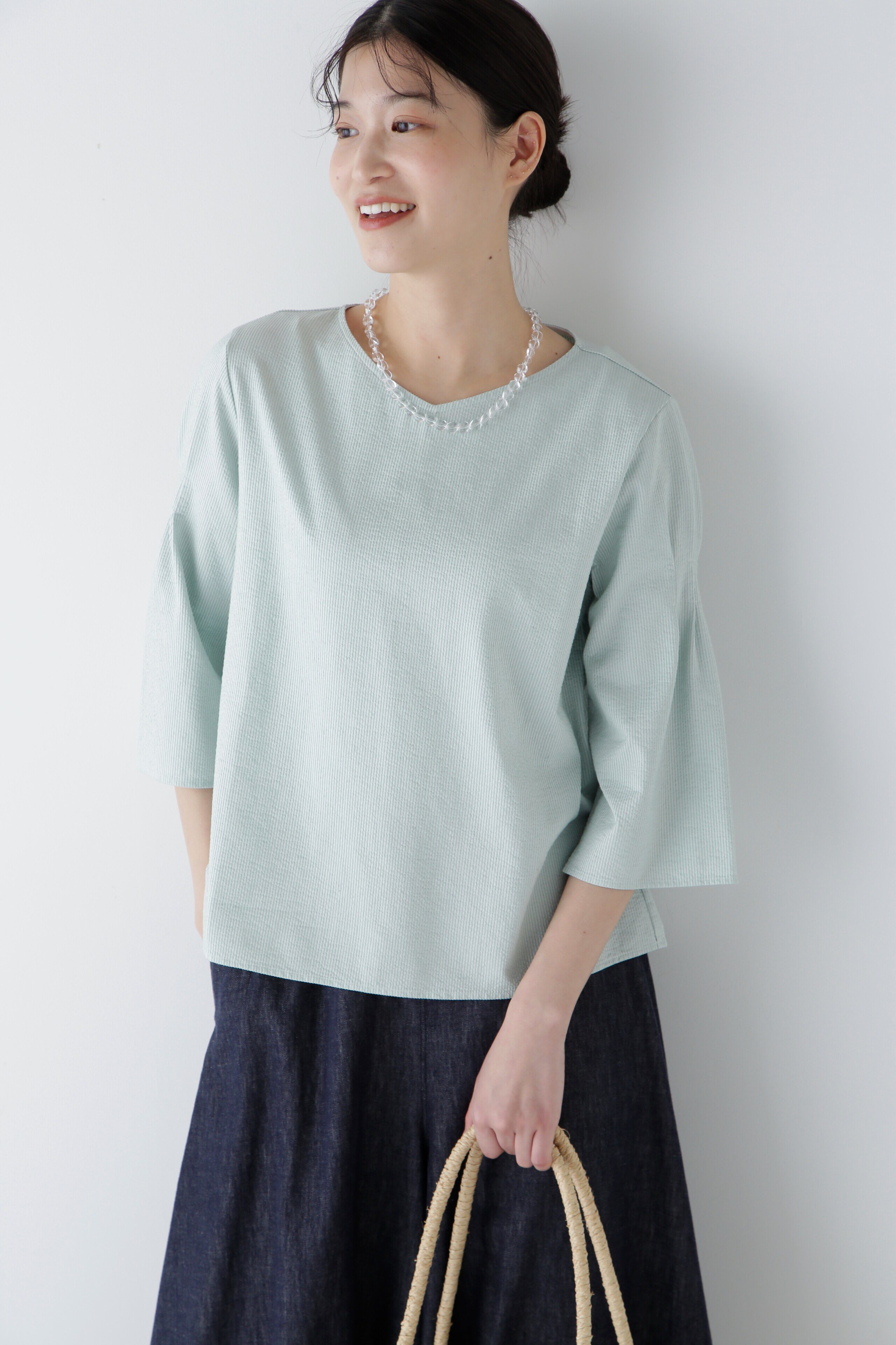  「◆ジャガードストライプジャージーＶネックプルオーバー」|Tシャツ・カットソー|ライトグリー 3