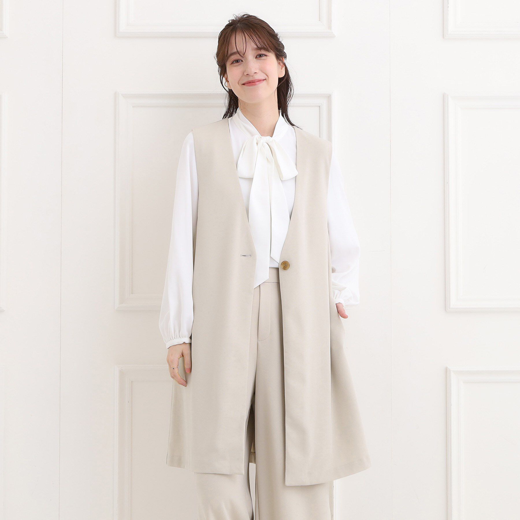 SHOO･LA･RUE「【洗濯機可/セットアップ可/S-3L】きちんと楽に。カットジョーゼット ロングジレ」|ベスト・ジレ|