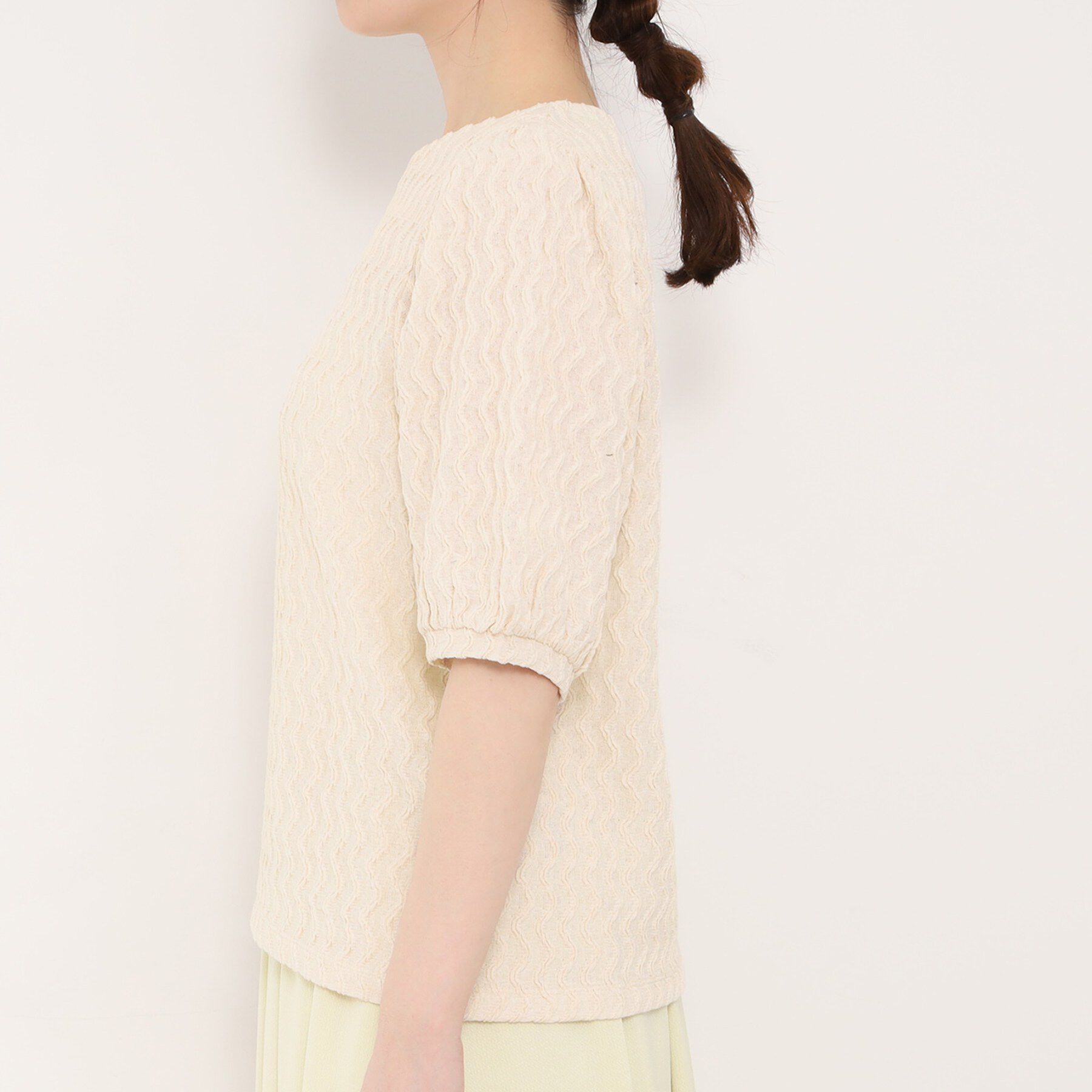 SHOO･LA･RUE「【洗える】ウェーブ柄ジャカード パフスリーブトップス」|Tシャツ・カットソー|