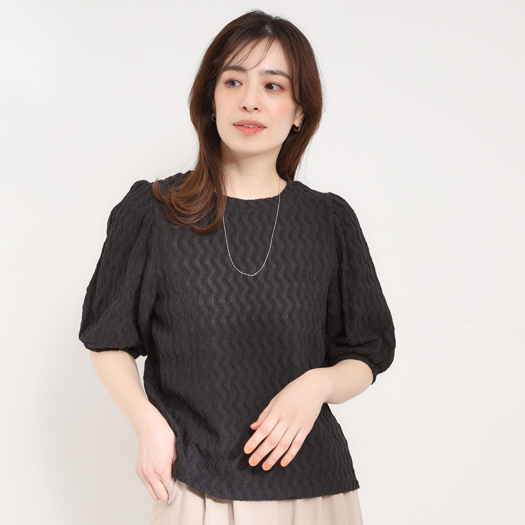 SHOO･LA･RUE「【洗える】ウェーブ柄ジャカード パフスリーブトップス」|Tシャツ・カットソー|