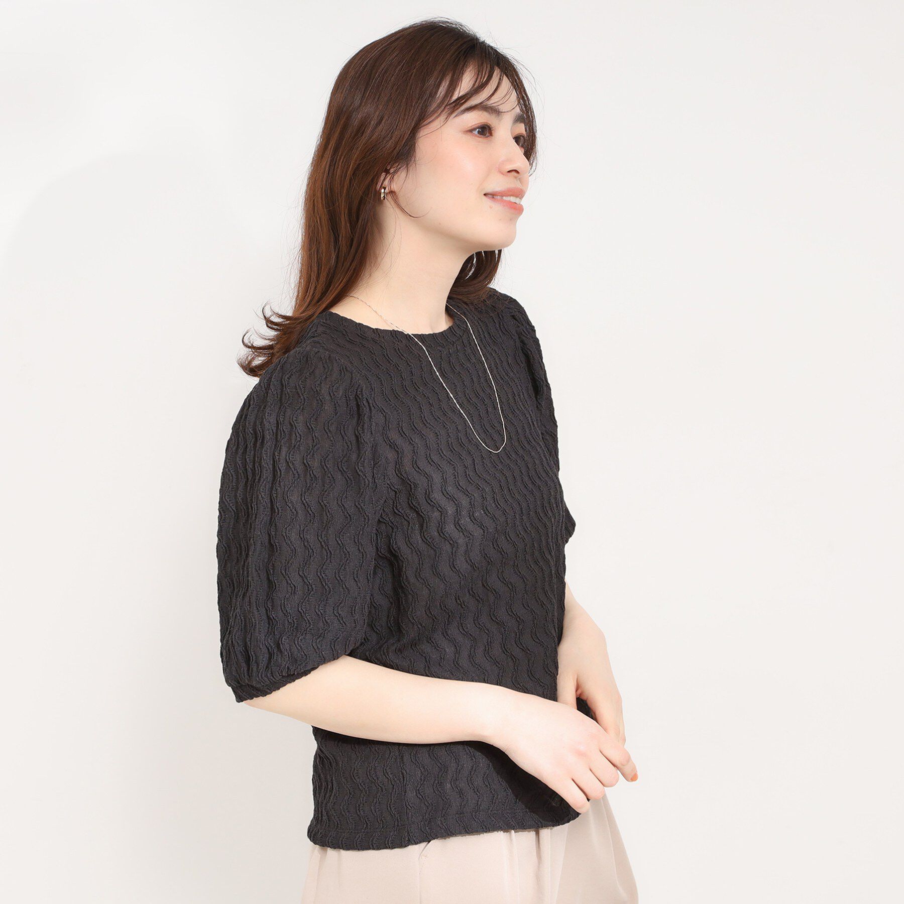 SHOO･LA･RUE「【洗える】ウェーブ柄ジャカード パフスリーブトップス」|Tシャツ・カットソー|