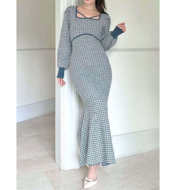 RESEXXY「バイカラーツイードマーメイドニットワンピース」|ワンピース|ブルー