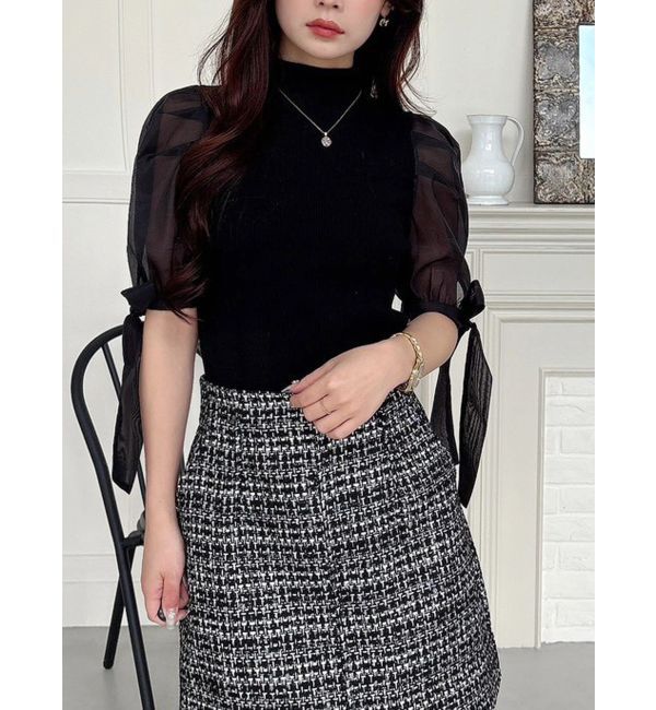 MERCURYDUO「異素材リボンスリーブニット」|ニット・セーター|ブラック