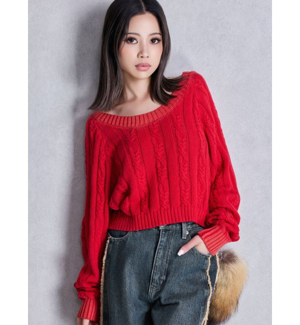 GYDA「オフショルブリーチニットトップス」|ニット・セーター|レッド