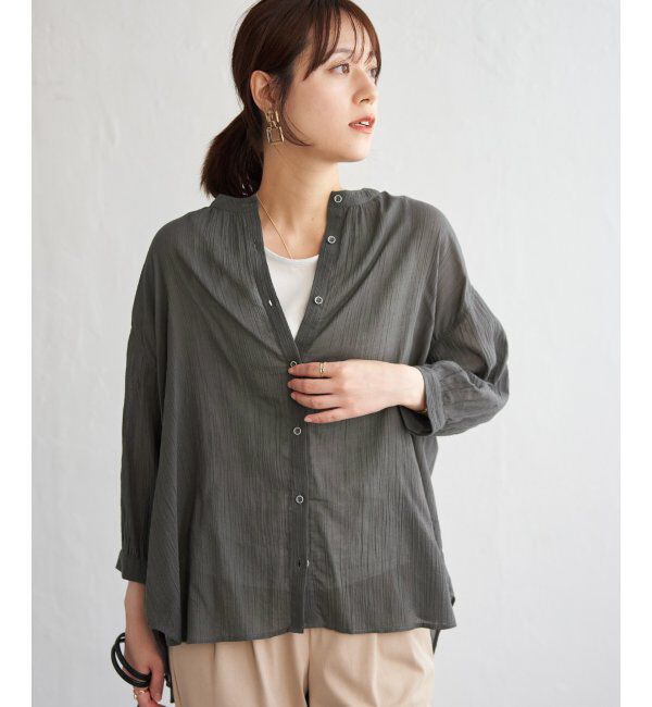 ikka「コットン楊柳バンドカラーシャツ」|シャツ・ブラウス|チャコール