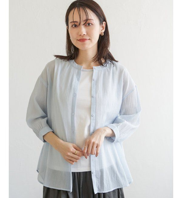 ikka「コットン楊柳バンドカラーシャツ」|シャツ・ブラウス|ブルー