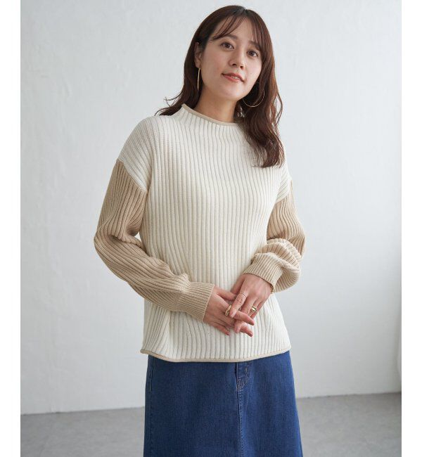 ikka「袖配色ワイドリブニットプルオーバー」|プルオーバー|
