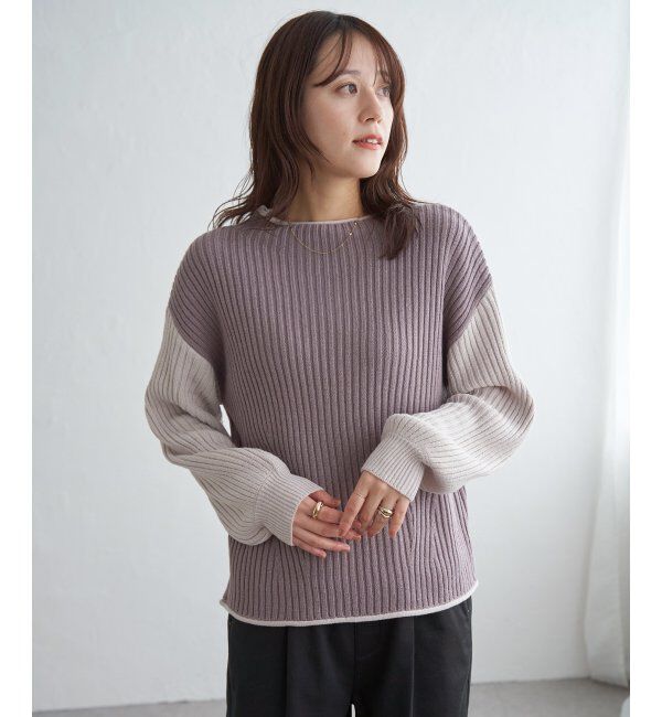 ikka「袖配色ワイドリブニットプルオーバー」|プルオーバー|